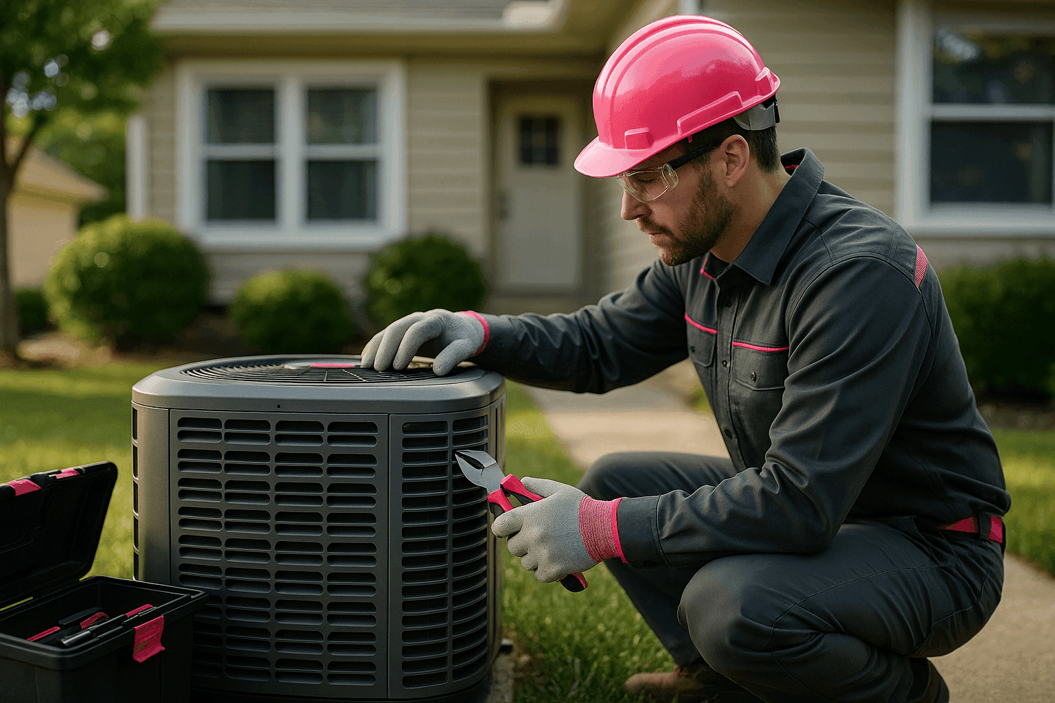 HVAC technician in safety gear inspecting outdoor residential HVAC unit near suburban home